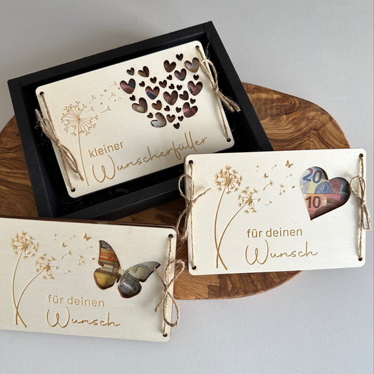 Geldgeschenk für Geburtstag, Hochzeit, für jeden Anlass | Geldkarte aus Holz Wunscherfüller | Reisekasse Urlaubsgeld
