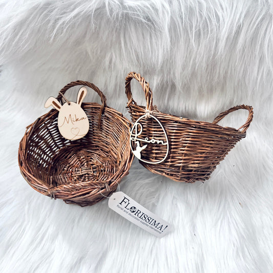 personalisiertes Osterkörbchen, Osterkorbanhänger, Osterkorb aus Weide, personalisiert mit Namen aus Holz
